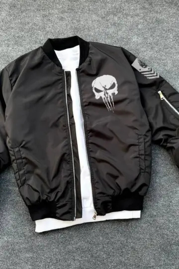 Siyah Askeri Tarz Bomber Mont Punisher Skull Detaylı Fermuarlı Cepli - Siyah