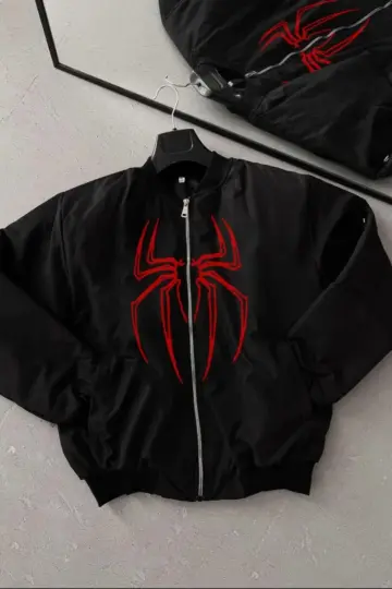 Örümcek Desenli Siyah Bomber Mont Fermuarlı Cepli