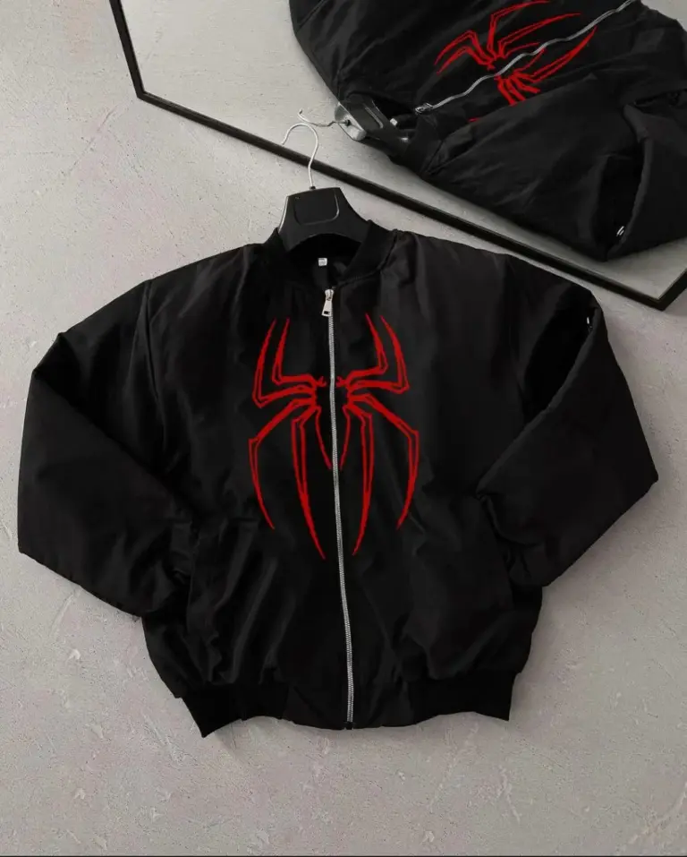 Örümcek Desenli Siyah Bomber Mont Fermuarlı Cepli