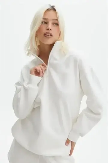 3 İplik Pamuklu Oversize Yarım Fermuarlı Yakalı Basic Sweatshirt - Beyaz