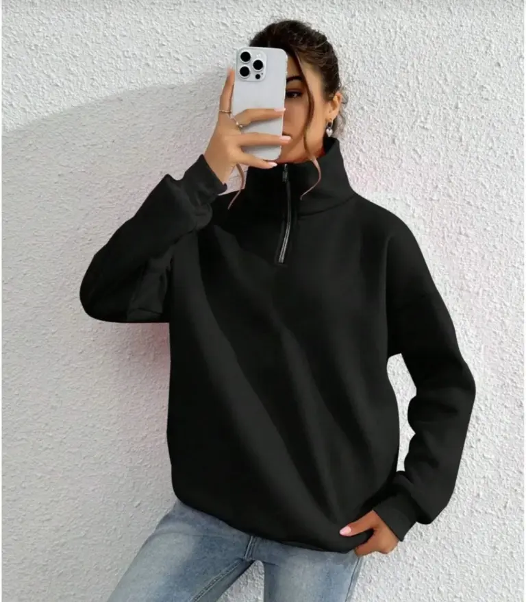 3 iplik Pamuklu Uzun Kol Yarım Farmuarlı Yakalı SweatShirt - Siyah