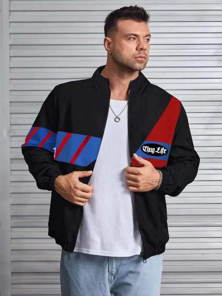 Uzun Koll Fermuarlı Baskılı Rüzgarlik - Siyah