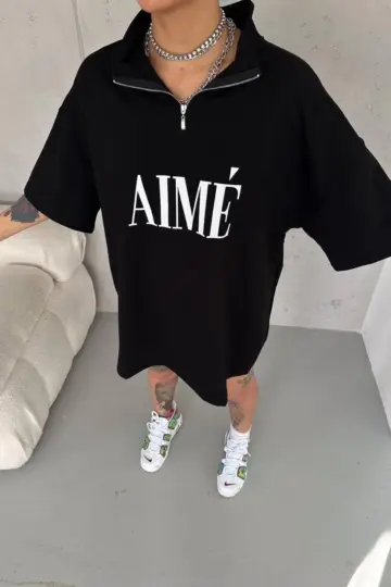 Yarım Fermuarlı Tişört Baskılı T-Shirt - Siyah