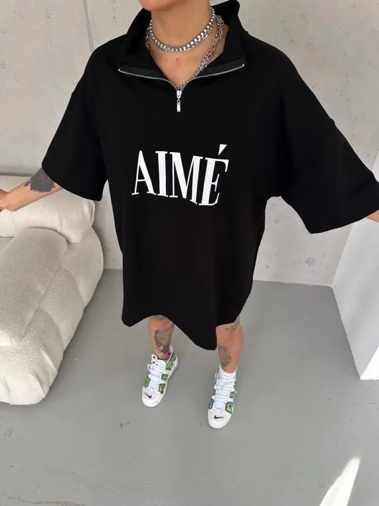 Yarım Fermuarlı Tişört Baskılı T-Shirt - Siyah