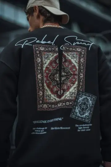 3 iplik Pamuklu Bisiklet Yaka Baskılı SweatShirt - Siyah