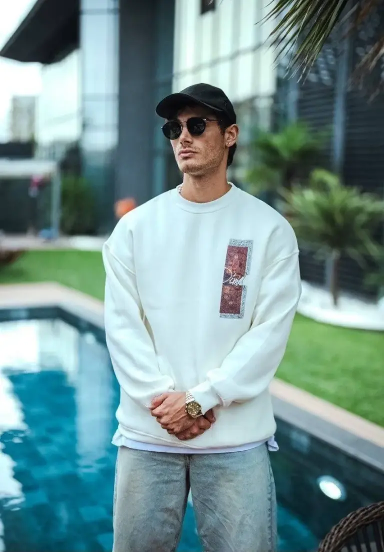 3 iplik pamuklu Bisiklet Yaka Ön ve Arka Baskılı SweatShirt - Beyaz