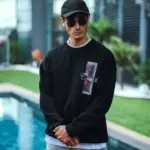 3 iplik pamuklu Bisiklet Yaka Ön ve Arka Baskılı SweatShirt - Siyah