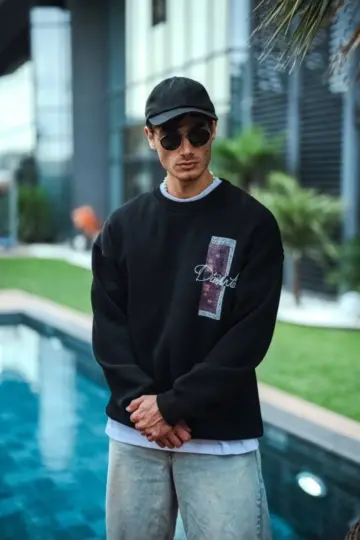 3 iplik pamuklu Bisiklet Yaka Ön ve Arka Baskılı SweatShirt - Siyah