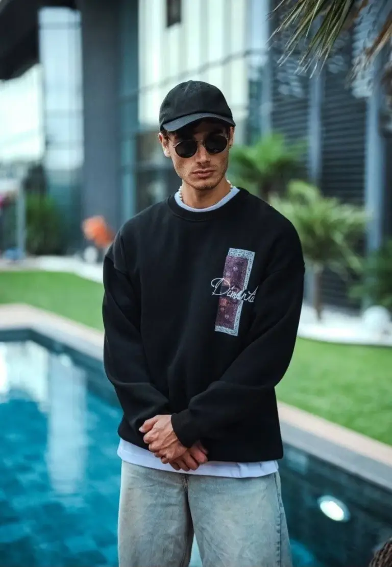 3 iplik pamuklu Bisiklet Yaka Ön ve Arka Baskılı SweatShirt - Siyah