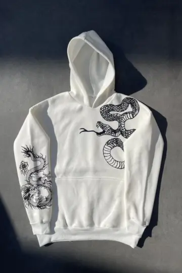 3 İplik Pamuklu Kapüşonlu Baskılı Cepli Oversize Sweatshirt Hoodie - Beyaz