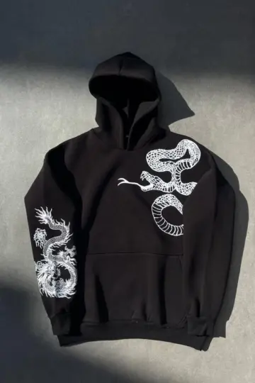 Oversize Kapüşonlu Cepli Baskılı 3 İplik Pamuklu Hoodie Sweatshirt - Siyah