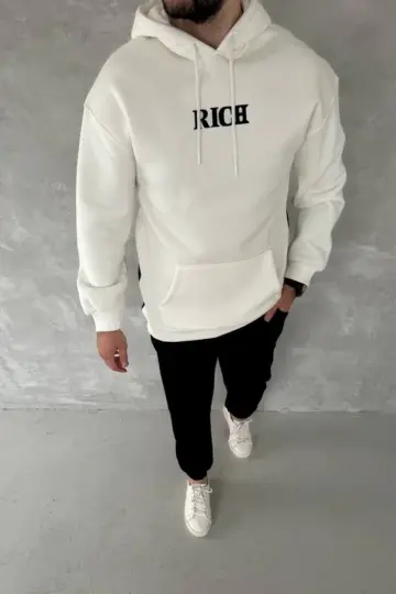 Kapüşonlu Kanguru Cepli Sweatshirt 3 İplik Pamuklu Baskılı Hoodie -  Beyaz