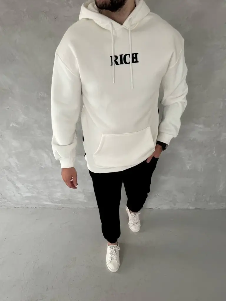 Kapüşonlu Kanguru Cepli Sweatshirt 3 İplik Pamuklu Baskılı Hoodie -  Beyaz