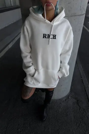 Kapüşonlu Kanguru Cepli Sweatshirt 3 İplik Pamuklu Baskılı Hoodie - Beyaz