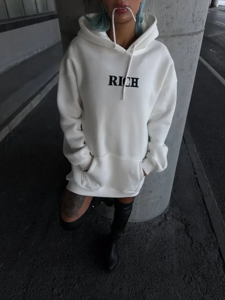 Kapüşonlu Kanguru Cepli Sweatshirt 3 İplik Pamuklu Baskılı Hoodie - Beyaz