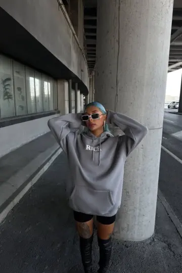 Kapüşonlu Kanguru Cepli Sweatshirt 3 İplik Pamuklu Baskılı Hoodie - Gri