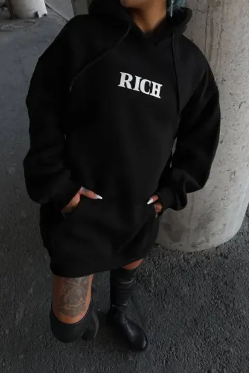 Kapüşonlu Kanguru Cepli Sweatshirt 3 İplik Pamuklu Baskılı Hoodie - Siyah