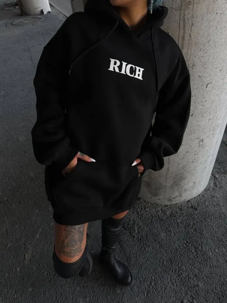 Kapüşonlu Kanguru Cepli Sweatshirt 3 İplik Pamuklu Baskılı Hoodie - Siyah