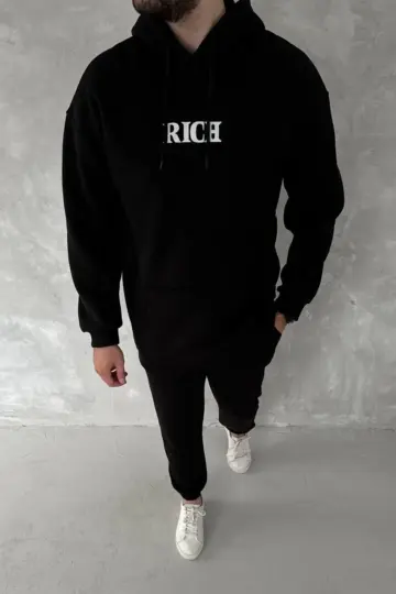 Kapüşonlu Kanguru Cepli Sweatshirt 3 İplik Pamuklu Baskılı Hoodie -  Siyah