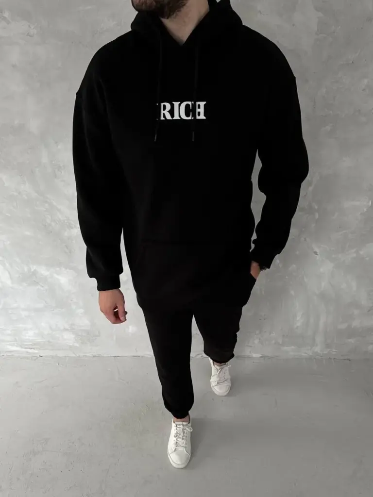 Kapüşonlu Kanguru Cepli Sweatshirt 3 İplik Pamuklu Baskılı Hoodie -  Siyah