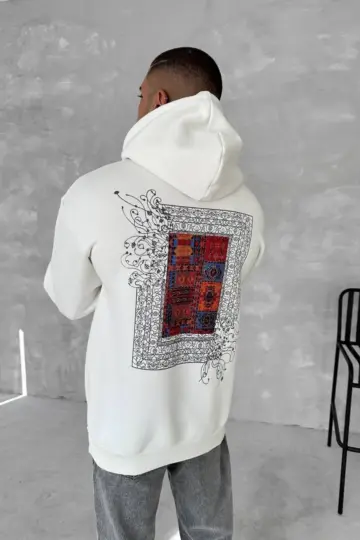 Kapüşonlu Kanguru Cepli Sweatshirt 3 İplik Pamuklu Baskılı Hoodie - Beyaz