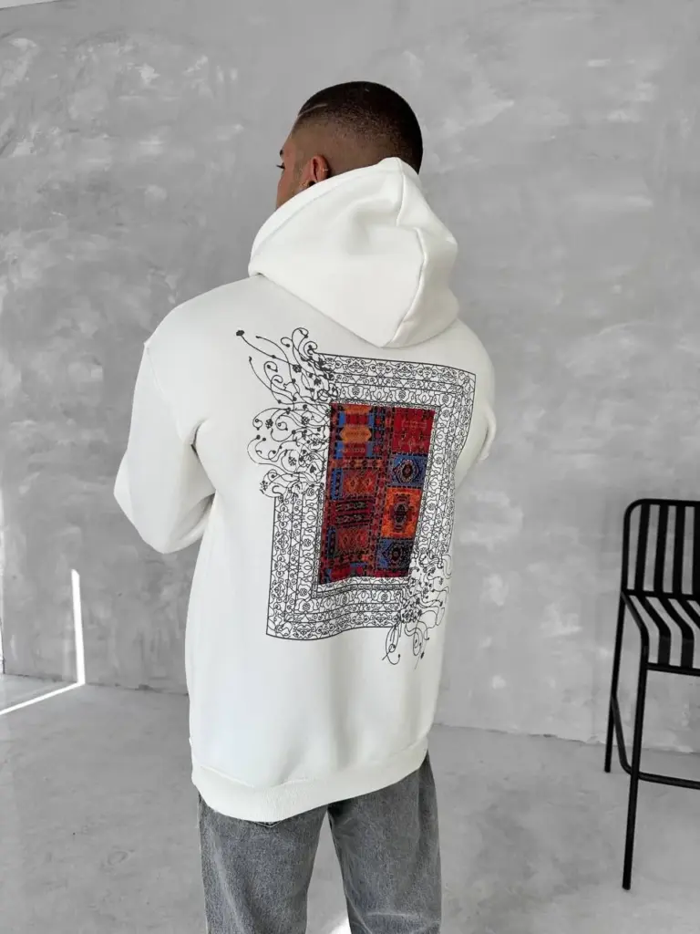 Kapüşonlu Kanguru Cepli Sweatshirt 3 İplik Pamuklu Baskılı Hoodie - Beyaz