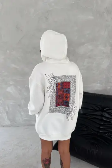 Kapüşonlu Kanguru Cepli Sweatshirt 3 İplik Pamuklu Baskılı Hoodie - Beyaz
