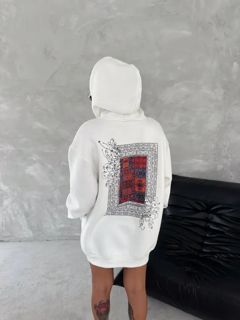 Kapüşonlu Kanguru Cepli Sweatshirt 3 İplik Pamuklu Baskılı Hoodie - Beyaz