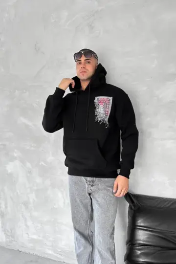 Kapüşonlu Kanguru Cepli Sweatshirt 3 İplik Pamuklu Baskılı Hoodie - Siyah