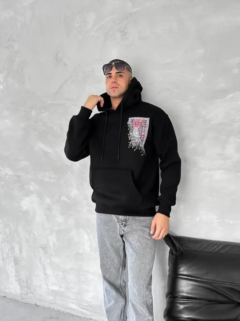 Kapüşonlu Kanguru Cepli Sweatshirt 3 İplik Pamuklu Baskılı Hoodie - Siyah