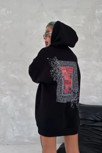Kapüşonlu Kanguru Cepli Sweatshirt 3 İplik Pamuklu Baskılı Hoodie - Siyah