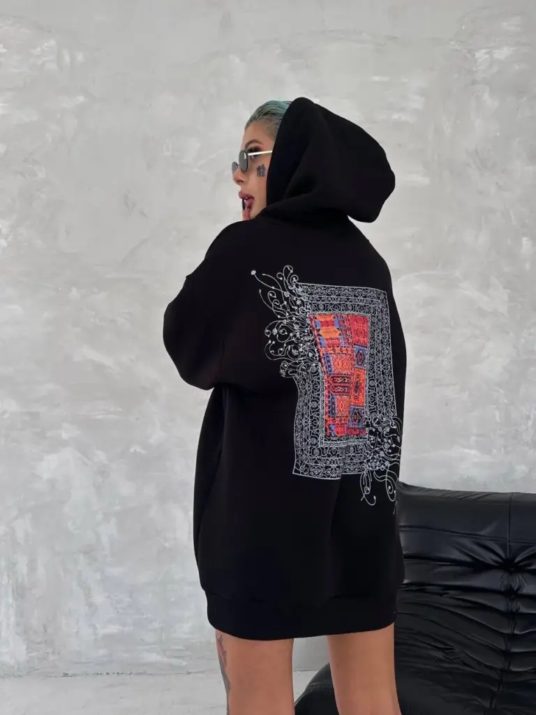 Kapüşonlu Kanguru Cepli Sweatshirt 3 İplik Pamuklu Baskılı Hoodie - Siyah