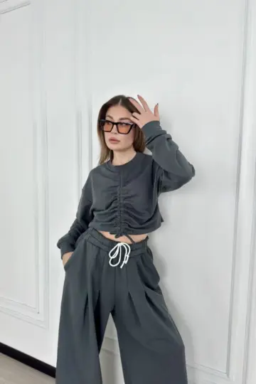 Uzun Kollu Önü İp Büzgülü Crop ve Pantolon İkili Alt-Üst Takım - Antrasit