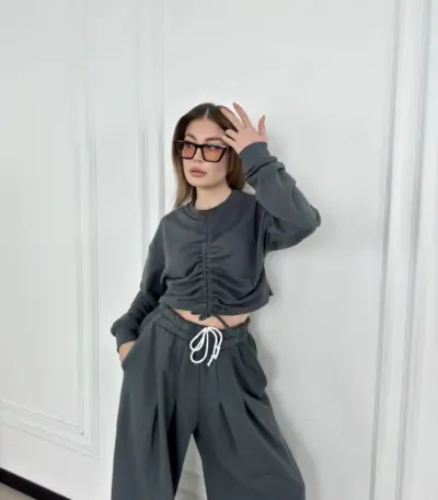 Uzun Kollu Önü İp Büzgülü Crop ve Pantolon İkili Alt-Üst Takım - Antrasit