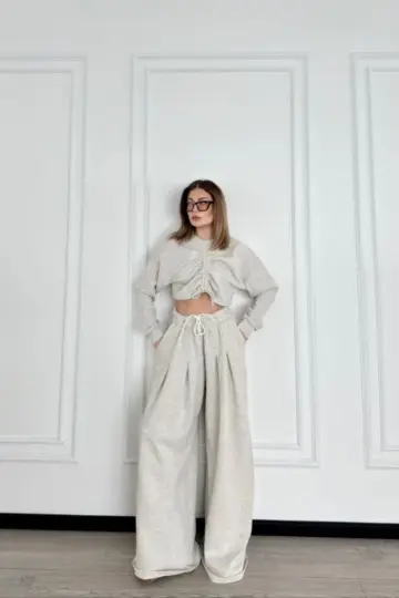 Uzun Kollu Önü İp Büzgülü Crop ve Pantolon İkili Alt-Üst Takım - Gri