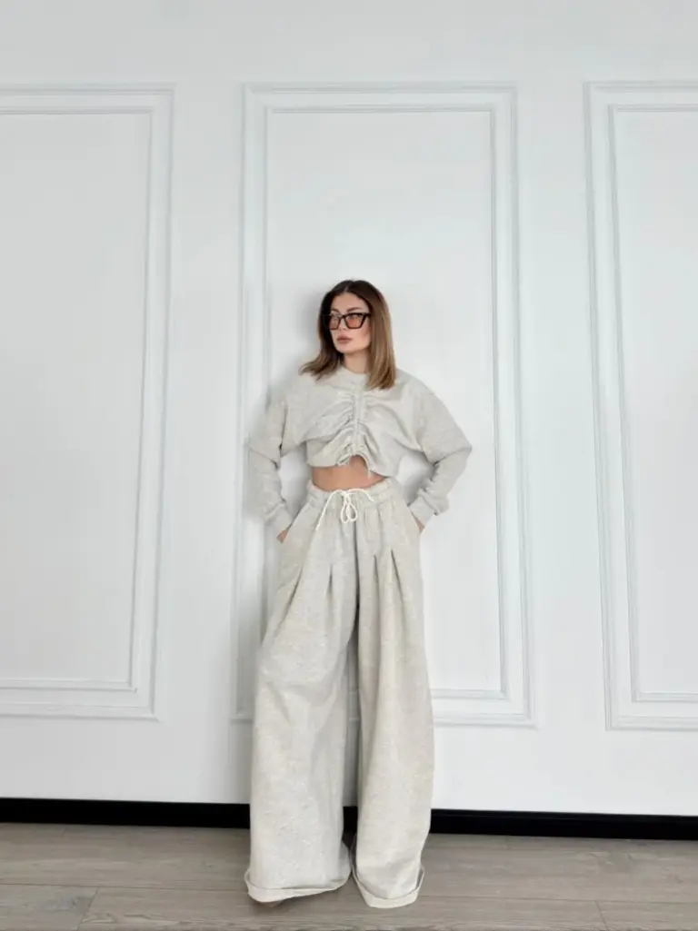 Uzun Kollu Önü İp Büzgülü Crop ve Pantolon İkili Alt-Üst Takım - Gri