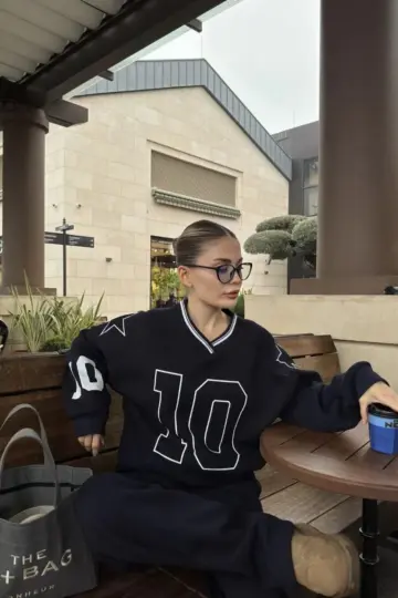 V Yaka 3 İplik Pamuklu Baskılı Eşofman ikili Takım - Siyah