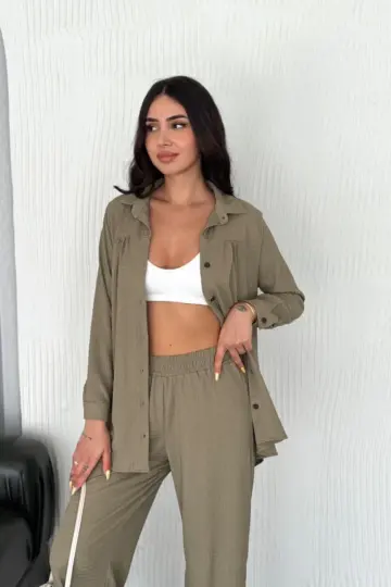 Yakalı Düğmeli Uzun Kollu Gömlek Pantolon ikili Takım - Bej