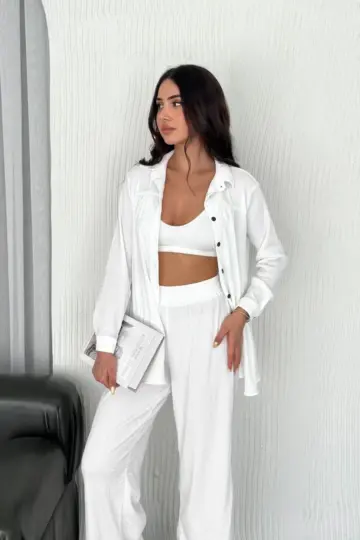 Yakalı Düğmeli Uzun Kollu Gömlek Pantolon ikili Takım - Beyaz