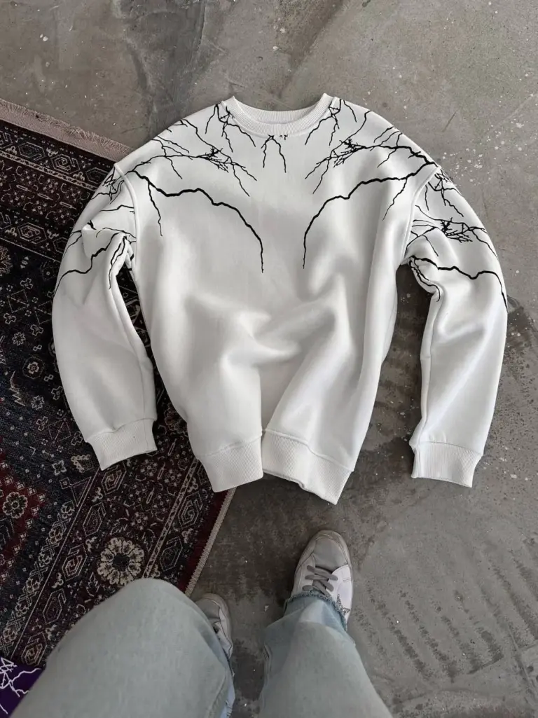 Yıldırım Baskılı Bisiklet Yaka 3 iplik pamuklu SweatShirt - Beyaz