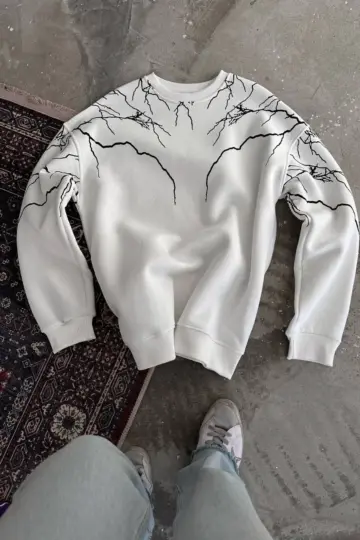 3 iplik pamuklu Yıldırım Baskılı Bisiklet Yaka SweatShirt - Beyaz