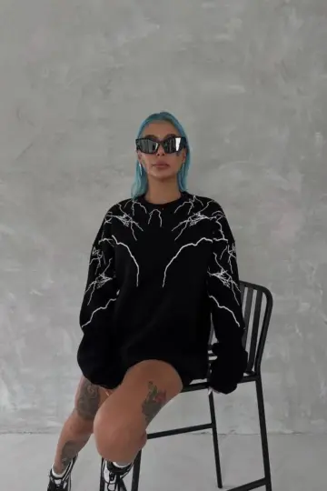 Yıldırım Baskılı Bisiklet Yaka 3 iplik pamuklu SweatShirt - Siyah