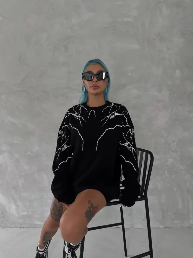 Yıldırım Baskılı Bisiklet Yaka 3 iplik pamuklu SweatShirt - Siyah