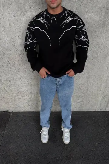 3 iplik pamuklu Yıldırım Baskılı Bisiklet Yaka SweatShirt - Siyah