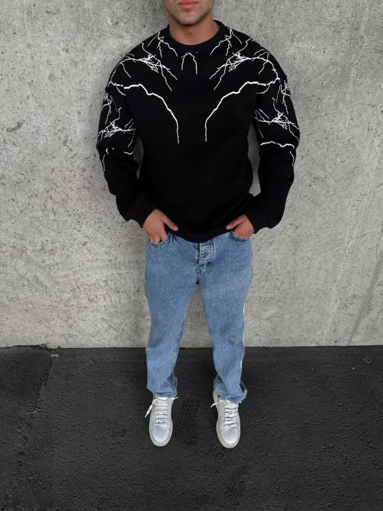 3 iplik pamuklu Yıldırım Baskılı Bisiklet Yaka SweatShirt - Siyah