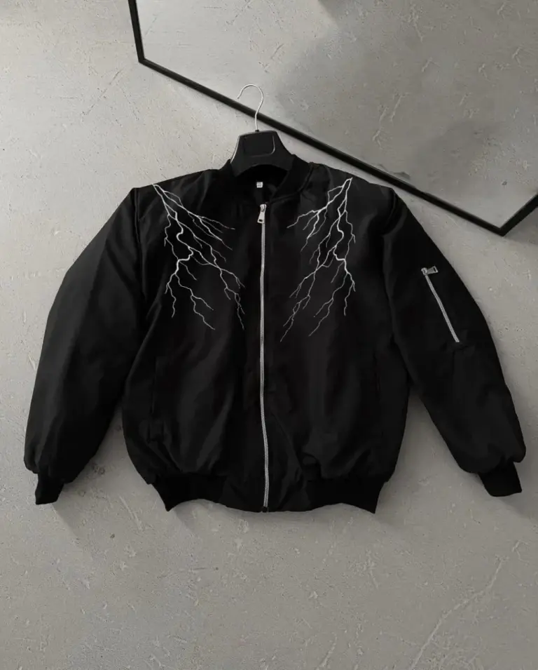 Siyah Bomber Mont Beyaz Şimşek Desenli Fermuarlı Cepli Kapitone Astarlı - Siyah